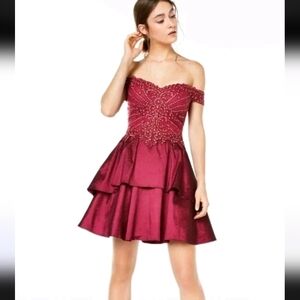 Nwt City Studio Womens Embellished Fit & Flare Dress Burgundy Size 9 Homecoming